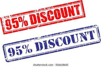 Set of 95% DISCOUNT grunge realistic rubber stamps, different ink colors, different forms, isolated on white background, vector illustration