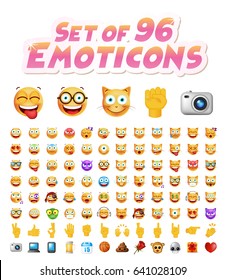 Set of 96 Cute Emoticons on White Background. Isolated Vector Illustration