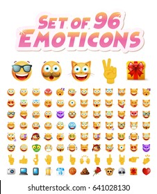 Set of 96 Cute Emoticons on White Background. Isolated Vector Illustration