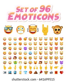 Set of 96 Cute Emoticons on White Background. Isolated Vector Illustration