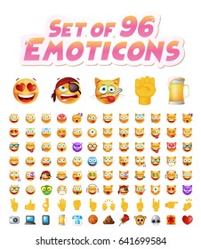 Set of 96 Cute Emoticons on White Background. Isolated Vector Illustration