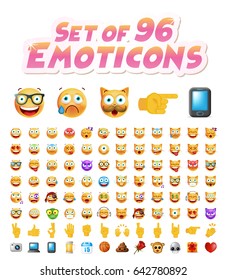 Set of 96 Cute Emoticons on White Background. Isolated Vector Illustration