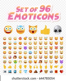 Set of 96 Cute Emoticons on White Background. Isolated Vector Illustration