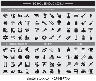 Set Of 96 Household Icons (rest, Tools, Cleaning Products, Appliances, Baby Equipment, Kitchen Utensils)