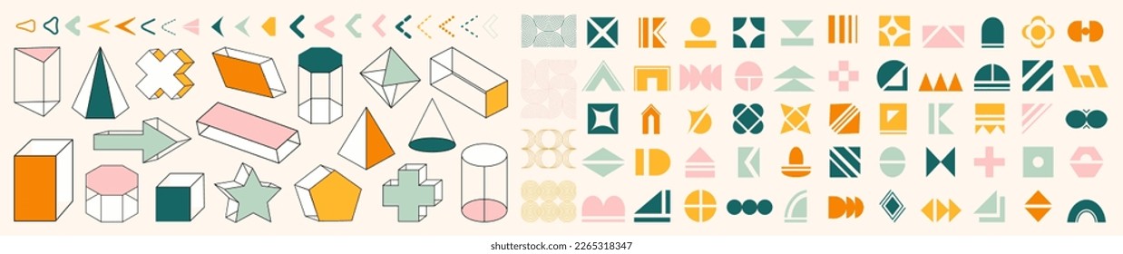 Set of 97 simple geometric shapes, arrows, and monoline geometric. Random icon elements. For creating your own patterns and designs.