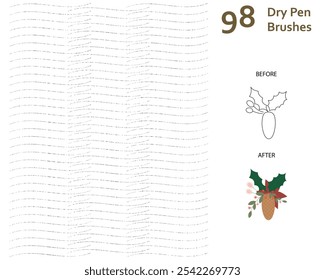 Set of 98 mixed dry pen art brushes with unique texture for decoration, story book, animation, illustration. Compatible with Adobe Illustrator CS6 and above.