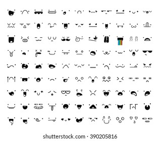 Set of 99 different pieces of doddle emotions to create characters. Emotions for design. Anime. Anger and joy. Surprised and hurt. Indifference and shock. Laughter and tears. 