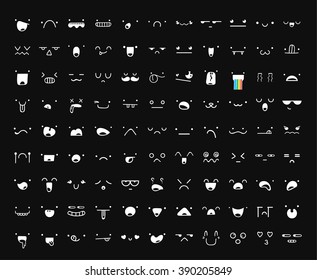 Set of 99 different pieces of doodle emotions to create characters. Emotions for design. Anime. Anger and joy. Surprised and hurt. Indifference and shock. Laughter and tears. Emotions handmade
