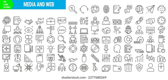 set of 99 media and web line icons. Big data, UI, SEO, promotion, Processing, Productivity vector illustration