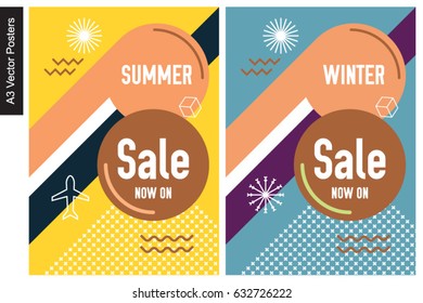 Set a3 artwork with geometric memphis style shapes. Advertising seasonal, trending, hipster posters. Summer, Winter.