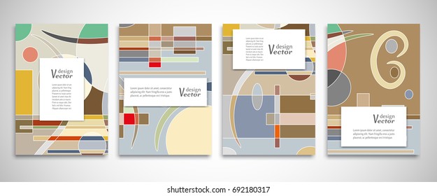 Set of A4 abstract backgrounds. Colorful cover header design for flyer, book, info banner frame, title sheet. Colored geometric shapes. Modern design. Brochure template layout. Vector illustration