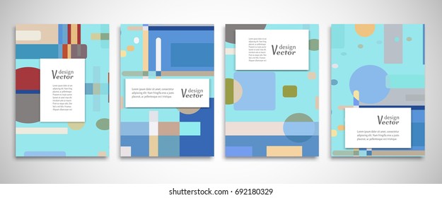 Set of A4 abstract backgrounds. Colorful cover header design for flyer, book, info banner frame, title sheet. Colored geometric shapes. Modern design. Brochure template layout. Vector illustration