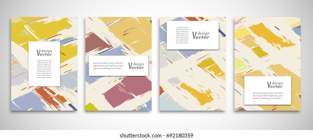 Set of A4 abstract grunge backgrounds. Colorful cover header design for flyer, book, info banner frame, title sheet. Colored brushstrokes. Modern design. Brochure template layout. Vector illustration