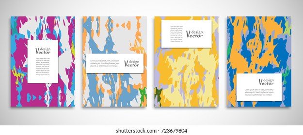 Set of A4 abstract grunge backgrounds. Colorful cover header design for flyer, book, info banner frame, title sheet. Colored brushstrokes. Modern design. Brochure template layout. Vector illustration