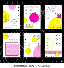 Set of A4 banner, background, flyer, placard with geometric shapes. Collection of poster, template card, sticker for memphis design, greeting, decoration, congratulation, invitation. Vector EPS8