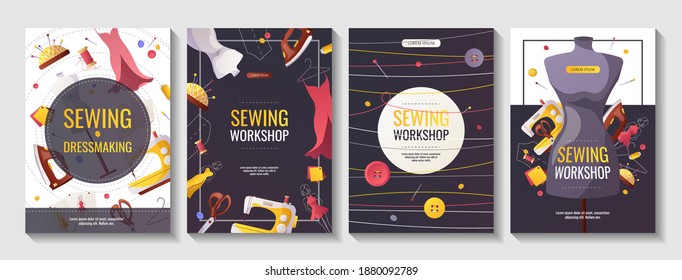 Set of A4 banners for sewing workshop or courses, fashion design, dressmaking, tailoring. Sewing machine, mannequin, iron. Patterns and sketches, pincushion, threads, scissors. Vector illustration.