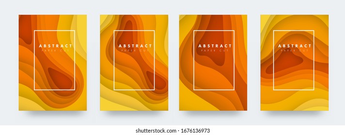 Conjunto de plantillas de banners A4 con formas de corte de papel amarillo. Diseño abstracto moderno y luminoso en verano. Ilustración vectorial.