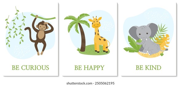 A set of A4 children's postersl. Funny elephant on a background of tropical leaves. A cheerful giraffe on the background of a palm tree. Funny monkey on the background of vines.