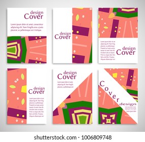 Set of A4 cover, abstract composition. Colorful header design for flyer, book, info banner frame, title sheet. Colored geometric shapes. Modern design. Brochure template layout. Vector illustration