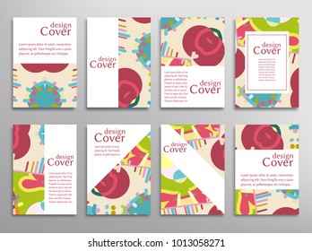 Set of A4 cover, abstract composition. Colorful header design for flyer, book, info banner frame, title sheet. Colored geometric shapes. Modern design. Brochure template layout. Vector illustration