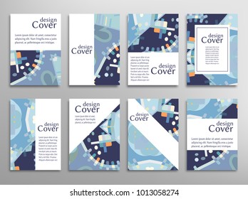 Set of A4 cover, abstract composition. Colorful header design for flyer, book, info banner frame, title sheet. Colored geometric shapes. Modern design. Brochure template layout. Vector illustration