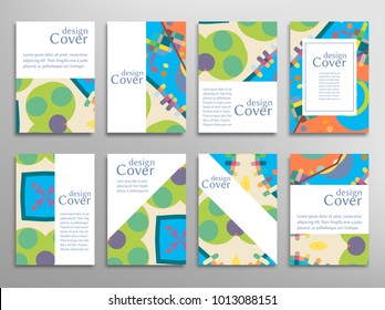 Set of A4 cover, abstract composition. Colorful header design for flyer, book, info banner frame, title sheet. Colored geometric shapes. Modern design. Brochure template layout. Vector illustration