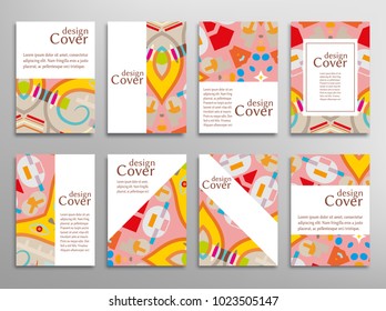 Set of A4 cover, abstract composition. Colorful header design for flyer, book, info banner frame, title sheet. Colored geometric shapes. Modern design. Brochure template layout. Vector illustration