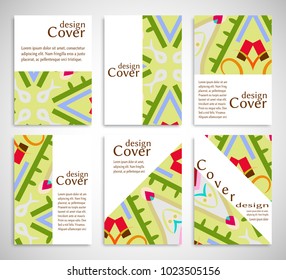 Set of A4 cover, abstract composition. Colorful header design for flyer, book, info banner frame, title sheet. Colored geometric shapes. Modern design. Brochure template layout. Vector illustration