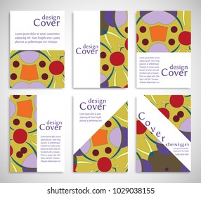 Set of A4 cover, abstract composition. Colorful header design for flyer, book, info banner frame, title sheet. Colored geometric shapes. Modern design. Brochure template layout. Vector illustration