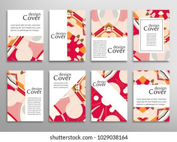 Set of A4 cover, abstract composition. Colorful header design for flyer, book, info banner frame, title sheet. Colored geometric shapes. Modern design. Brochure template layout. Vector illustration