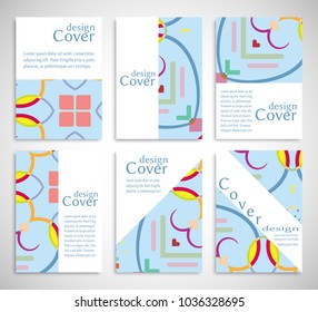 Set of A4 cover, abstract composition. Colorful header design for flyer, book, info banner frame, title sheet. Colored geometric shapes. Modern design. Brochure template layout. Vector illustration