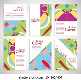 Set of A4 cover, abstract composition. Colorful header design for flyer, book, info banner frame, title sheet. Colored geometric shapes. Modern design. Brochure template layout. Vector illustration