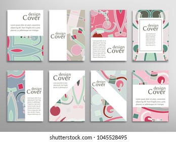 Set of A4 cover, abstract composition. Colorful header design for flyer, book, info banner frame, title sheet. Colored geometric shapes. Modern design. Brochure template layout. Vector illustration