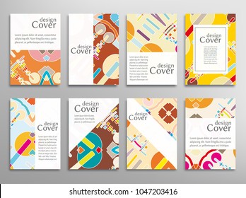 Set of A4 cover, abstract composition. Colorful header design for flyer, book, info banner frame, title sheet. Colored geometric shapes. Modern design. Brochure template layout. Vector illustration