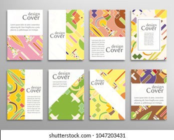 Set of A4 cover, abstract composition. Colorful header design for flyer, book, info banner frame, title sheet. Colored geometric shapes. Modern design. Brochure template layout. Vector illustration