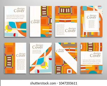 Set of A4 cover, abstract composition. Colorful header design for flyer, book, info banner frame, title sheet. Colored geometric shapes. Modern design. Brochure template layout. Vector illustration