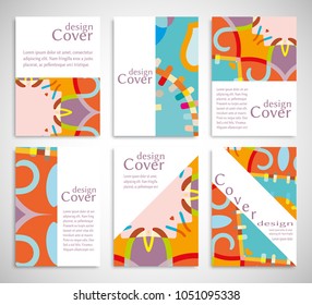 Set of A4 cover, abstract composition. Colorful header design for flyer, book, info banner frame, title sheet. Colored geometric shapes. Modern design. Brochure template layout. Vector illustration