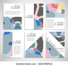 Set of A4 cover, abstract composition. Colorful header design for flyer, book, info banner frame, title sheet. Colored geometric shapes. Modern design. Brochure template layout. Vector illustration