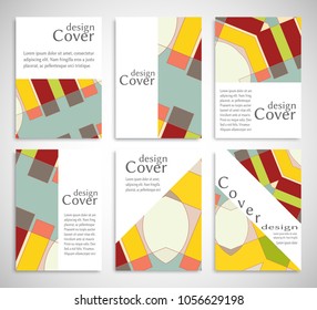Set of A4 cover, abstract composition. Colorful header design for flyer, book, info banner frame, title sheet. Colored geometric shapes. Modern design. Brochure template layout. Vector illustration