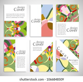 Set of A4 cover, abstract composition. Colorful header design for flyer, book, info banner frame, title sheet. Colored geometric shapes. Modern design. Brochure template layout. Vector illustration
