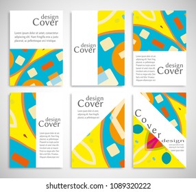 Set of A4 cover, abstract composition. Colorful header design for flyer, book, info banner frame, title sheet. Colored geometric shapes. Modern design. Brochure template layout. Vector illustration