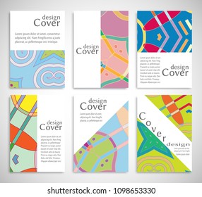 Set of A4 cover, abstract composition. Colorful header design for flyer, book, info banner frame, title sheet. Colored geometric shapes. Modern design. Brochure template layout. Vector illustration