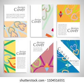 Set of A4 cover, abstract composition. Colorful header design for flyer, book, info banner frame, title sheet. Colored geometric shapes. Modern design. Brochure template layout. Vector illustration