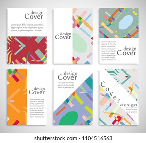 Set of A4 cover, abstract composition. Colorful header design for flyer, book, info banner frame, title sheet. Colored geometric shapes. Modern design. Brochure template layout. Vector illustration