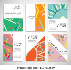 Set of A4 cover, abstract composition. Colorful header design for flyer, book, info banner frame, title sheet. Colored geometric shapes. Modern design. Brochure template layout. Vector illustration