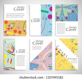 Set of A4 cover, abstract composition. Colorful header design for flyer, book, info banner frame, title sheet. Colored geometric shapes. Modern design. Brochure template layout. Vector illustration