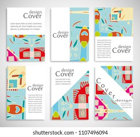 Set of A4 cover, abstract composition. Colorful header design for flyer, book, info banner frame, title sheet. Colored geometric shapes. Modern design. Brochure template layout. Vector illustration