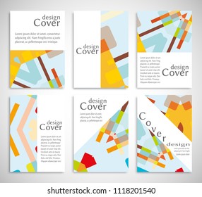 Set of A4 cover, abstract composition. Colorful header design for flyer, book, info banner frame, title sheet. Colored geometric shapes. Modern design. Brochure template layout. Vector illustration