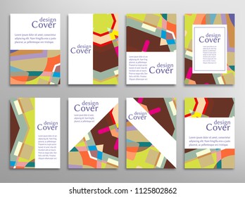 Set of A4 cover, abstract composition. Colorful header design for flyer, book, info banner frame, title sheet. Colored geometric shapes. Modern design. Brochure template layout. Vector illustration