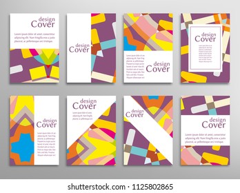 Set of A4 cover, abstract composition. Colorful header design for flyer, book, info banner frame, title sheet. Colored geometric shapes. Modern design. Brochure template layout. Vector illustration